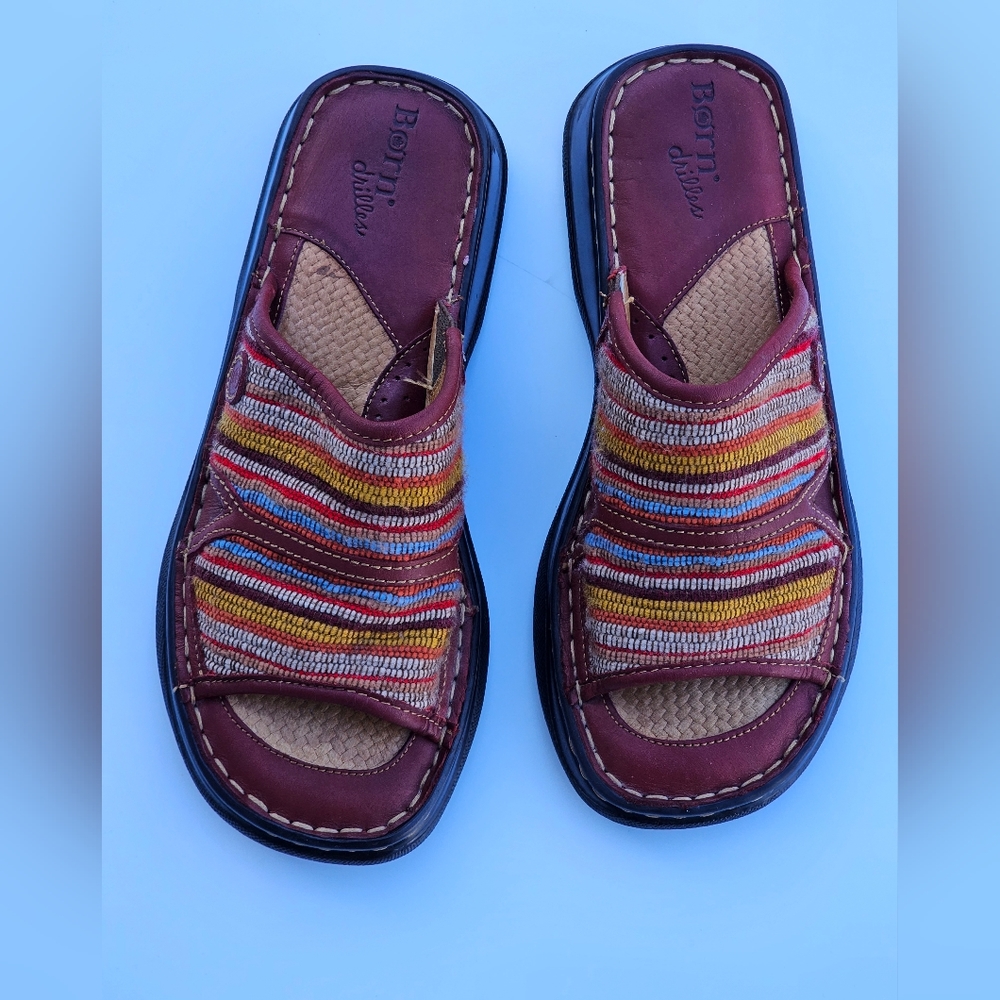 Born Drilles Slide Sandal Shoes Leather Woven Fabric Handcrafted in MexicoSize 8